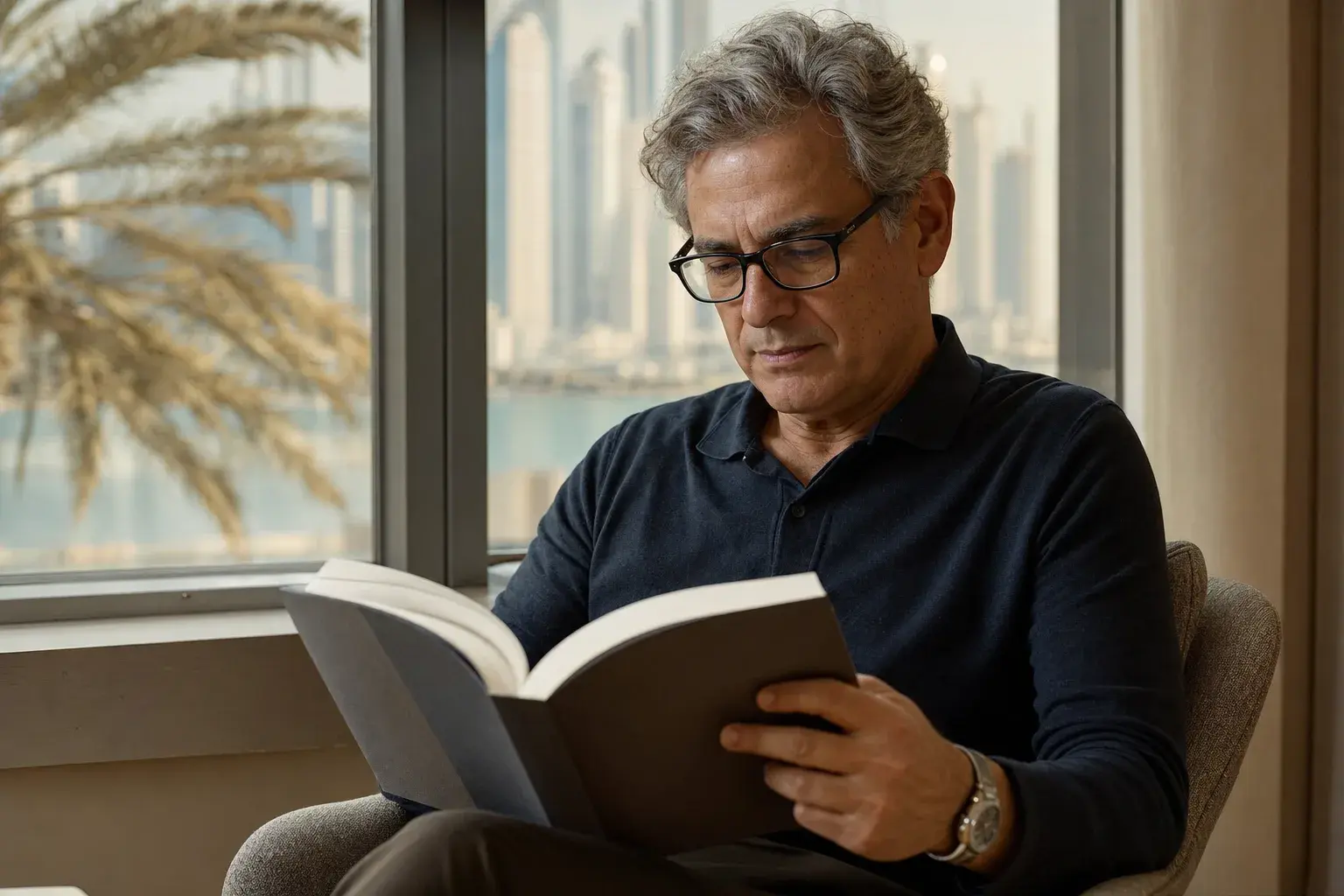A man reading by a window wearing rectangular eyeglasses in warm daylight