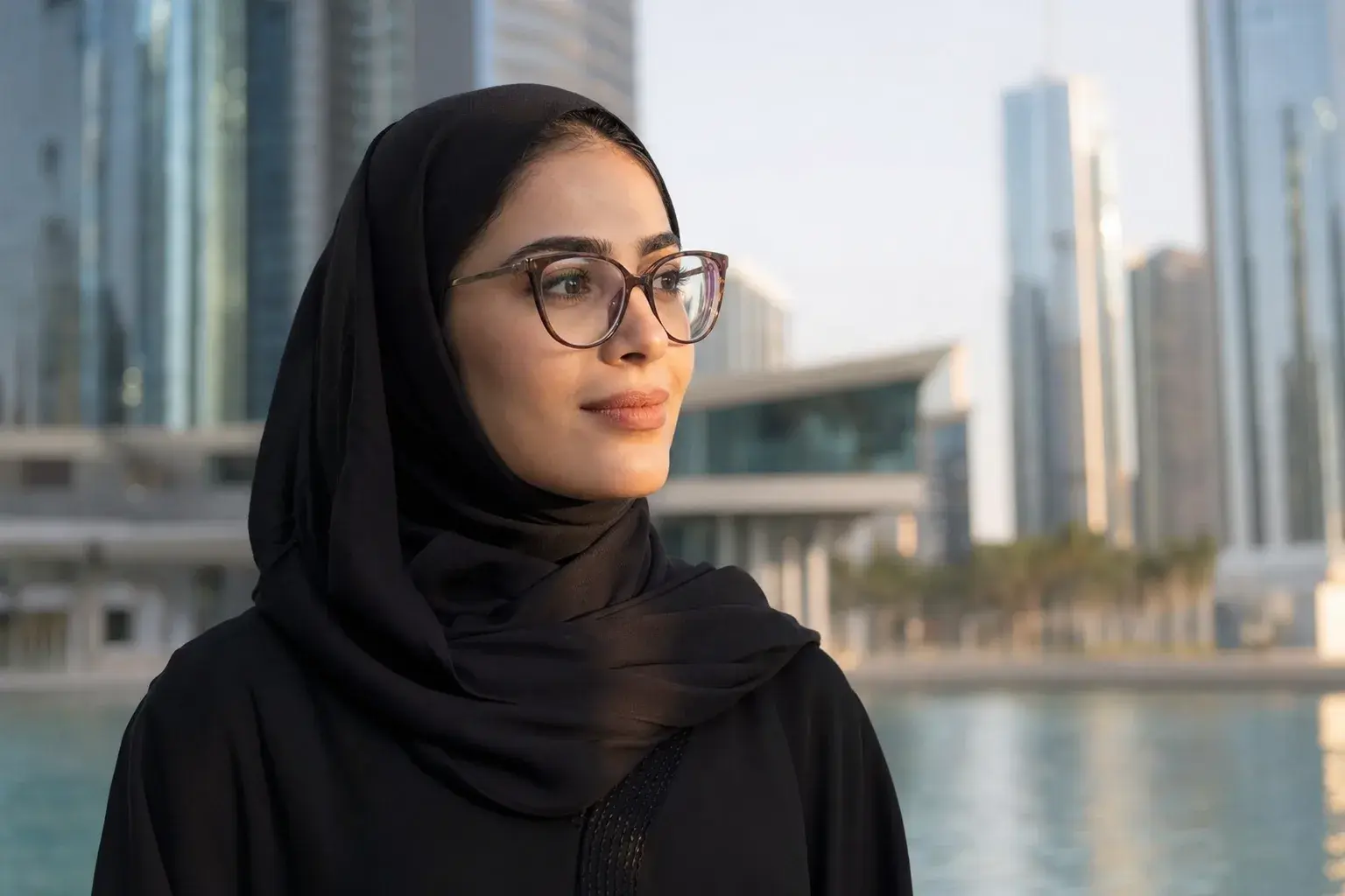 A woman wearing optical eyeglasses in warm late-afternoon light, with modern Dubai architecture behind her